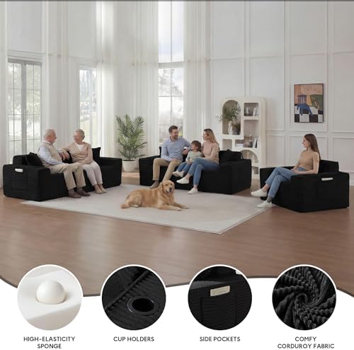 Boneless Sectional Sofa 3 Piece Set with Cup Holders & Side Pockets, Mode...