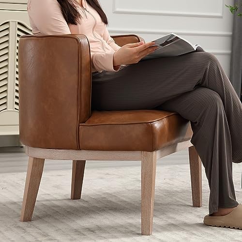 BESTANO Barrel Accent Chairs Set of 2, PU Leather Comfy Side Chairs, Brown