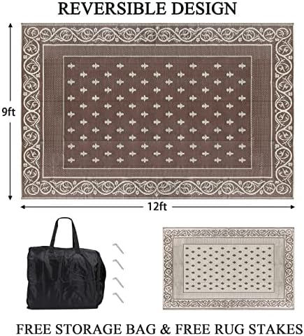 Pauwer Waterproof Outdoor Rug 9x12, Plastic Patio Rug, Bordered Brown