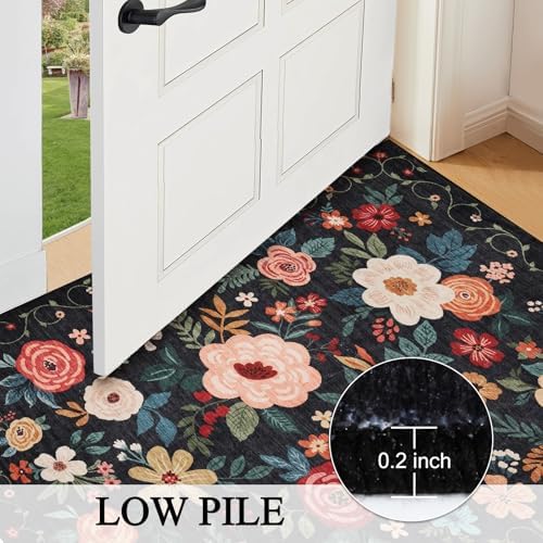 DUKINO 4ft Round Rug, Floral Washable Small Round Area Rug Non Slip, Black