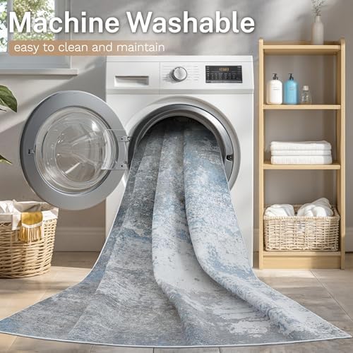 Area Rug Living Room-6X6 Abstract Washable Rug Grey Blue