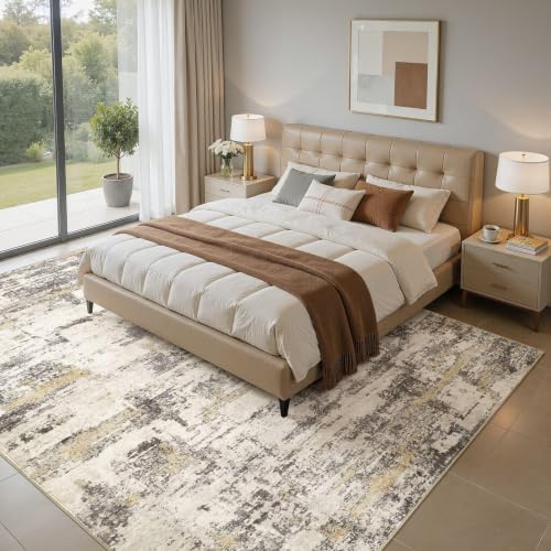 5x7 Area Rugs Living Room Abstract Washable Rug, Gold Brown