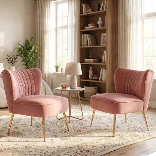 Velvet Accent Chairs Set of 2 Comfy Living Room Chair Armless Slipper Chair M...