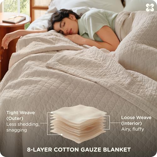 Bedsure PureWoven 100% Cotton Muslin Blanket 8-Layer, King, Linen Beige