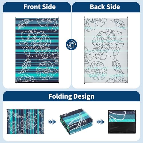Garvee 5x8 Outdoor Waterproof Rug Reversible Straw Patio Rug Black&Blue