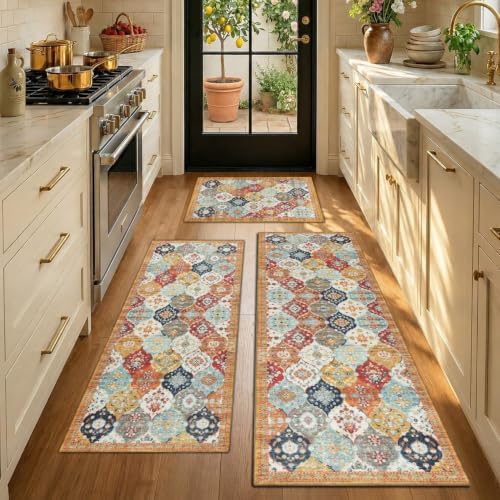 3-Piece Colorful Boho Rug Set - Washable Moroccan Ogee Area Rugs, Non-Slip Lo...