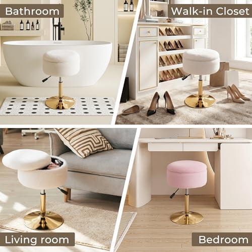 Pink Swivel Vanity Stool With Storage Vanity Chair Gold Base Ottoman
