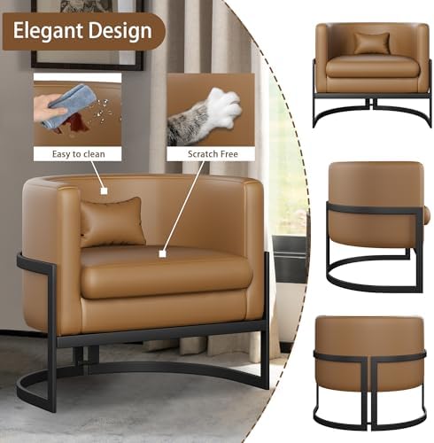 Alunaune Upholstered Modern Living Room Chairs Barrel Accent Chair, Faux Leat...