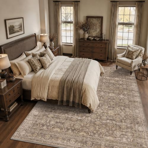 JOOJA 8x10 Neutral Tan Vintage Soft Low Pile Boho Washable Large Area Rug