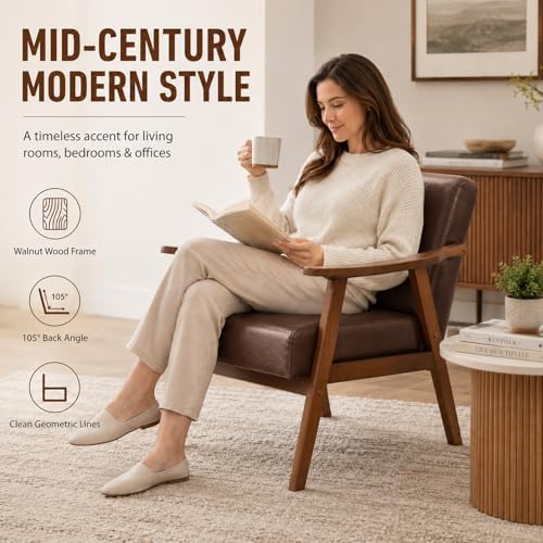 Anwick Mid-Century Modern Accent Chair,PU Leather Living Room Chair with Soli...