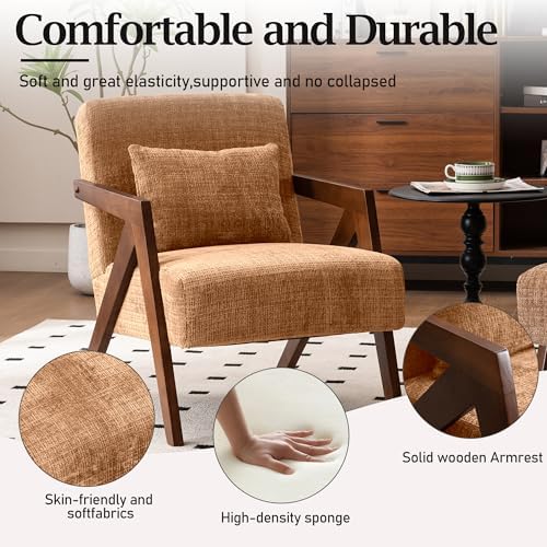 Mid-Century Modern Accent Chair with Solid Wood Frame,Upholstered Chenille Li...