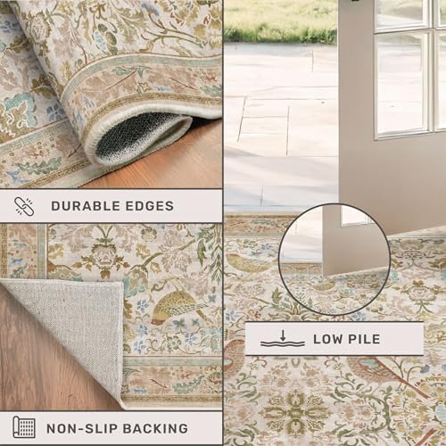Washable Living Room Rug 8x10 - Country Style Beige Floral Area Rugs for Bedr...