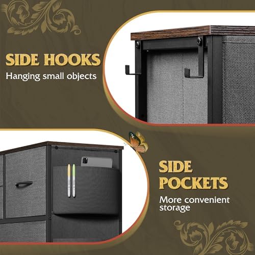 WLIVE 10 Drawer Fabric Dresser for Bedroom, Side Pocket Chest, Dark Grey