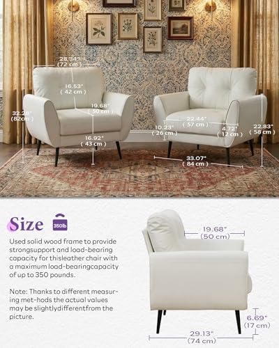 White Faux Leather Accent Chairs Set of 2, Tufted Armchairs for Living Room
