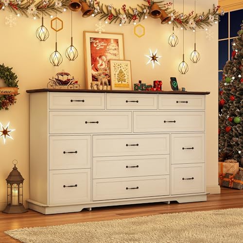 jiteentarou Tall Farmhouse 12 Drawer Dresser for Bedroom,63” Wood Dresser &am...