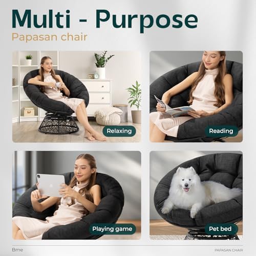 Bme 40" Wicker Papasan Chair, 360° Swivel, Onyx Stone - Black Base