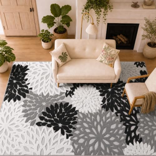 Arenarug 5x7 Area Rugs High-Low Plush Pile Washable Rug, Grey White Black