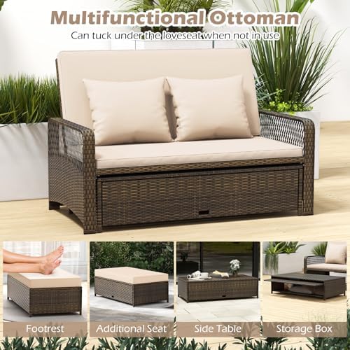 Tangkula Patio Rattan Daybed with 4-Level Adjustable Backrest, 2-Person Outdo...
