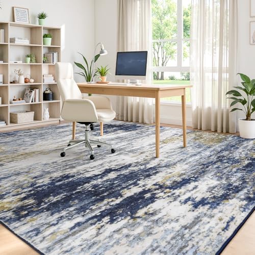 9x12 Area Rug for Living Room, Abstract Washable Large Rugs, Dark Blue