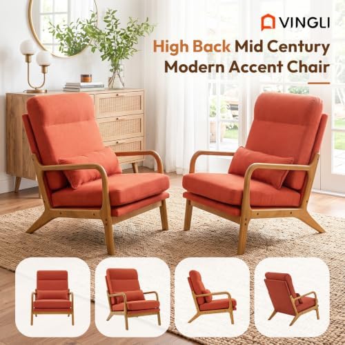Bonnlo High Back Linen Burnt Orange Mid Century Modern Accent Chair, Soild Wo...