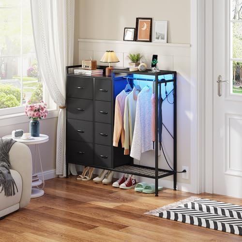 HIGDBFE 8-Drawer Dresser with Hanging Rack for Bedroom, Black, 11.8" D