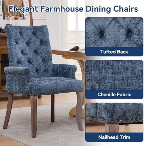 Farmhouse Upholstered Dining Chair Set of 2 with Arms & Nailhead Trim, Tu...