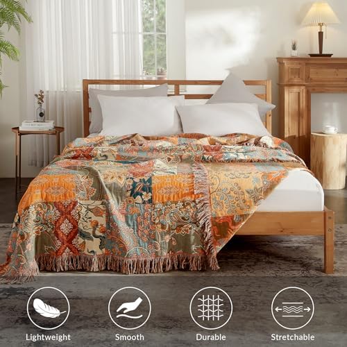 Bailix Boho Throw Blanket, 100% Cotton, Woven Floral Pattern, 60"x80"