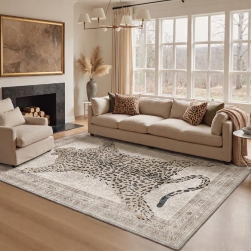 Bavni Leopard Rug 8x10 Cheetah Animal Print Rug Washable Jungle Rugs White