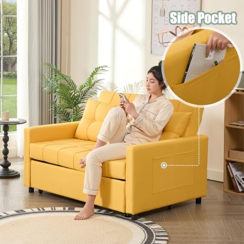 GOSUHI 52" 3-in-1 Convertible Sleeper Sofa Bed, Linen, Yellow