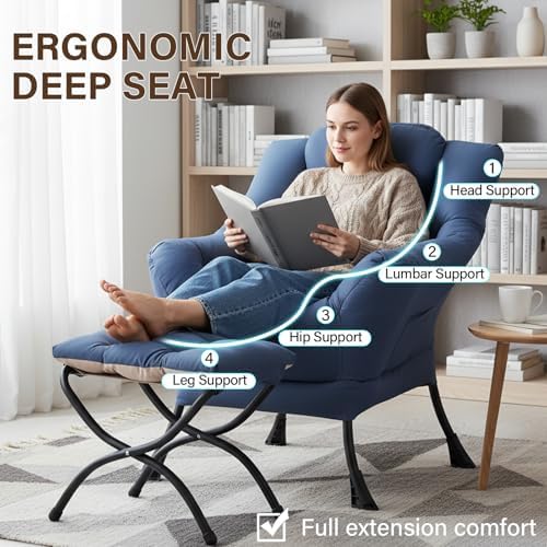 Welnow Lazy Chair with Ottoman, Reading Chair with Footrest,Royal Blue