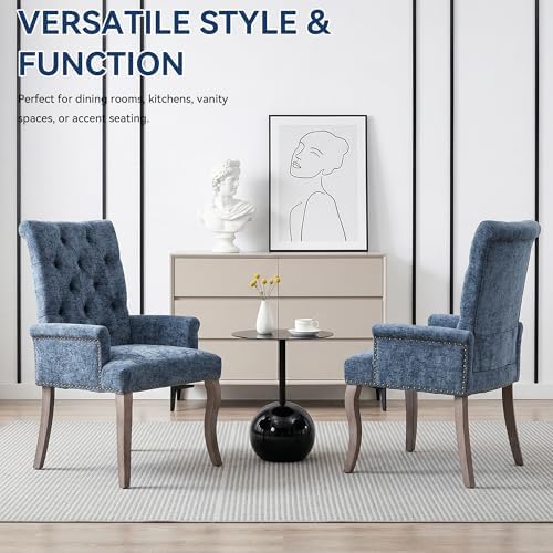 Farmhouse Upholstered Dining Chair Set of 2 with Arms & Nailhead Trim, Tu...
