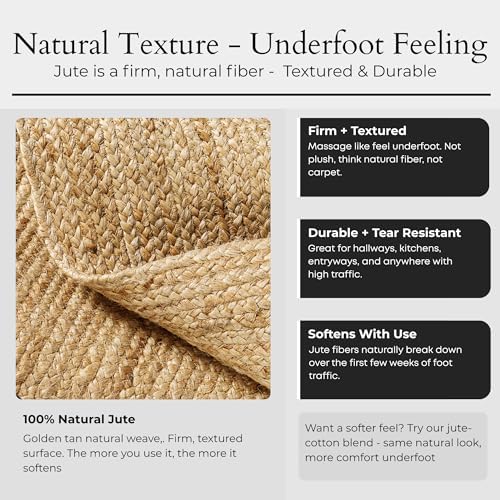 Jute Area Rug - 3'x5' Natural Jute Rug with Non-Slip Backing, Low-Pro...