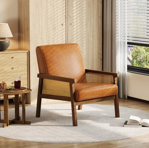 IDEALHOUSE Rattan Accent Chair with Wooden Frame and High Back, Brown