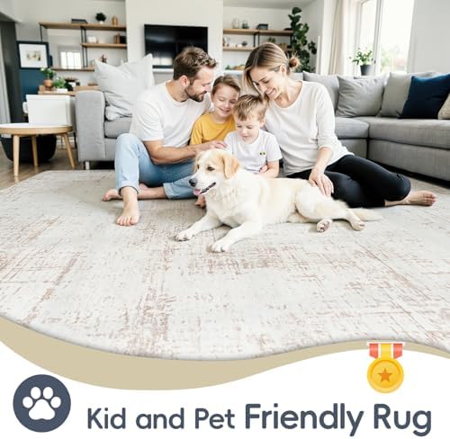9x12 Washable Area Rug for Living Room Bedroom: Non-Slip Modern Beige White