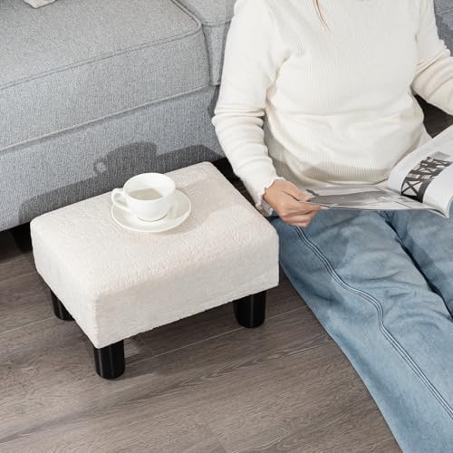 Adeco Boucle White Foot Stool with Legs, Small Footstool Ottoman, Fabric Seat...