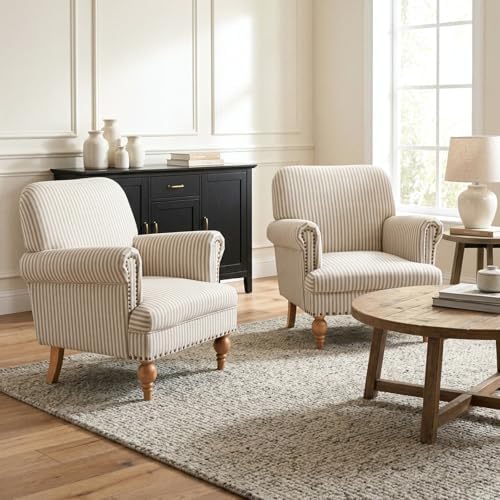 Khaki Striped Linen Fabric Accent Chairs Set of 2, Modern Farmhouse Upholster...