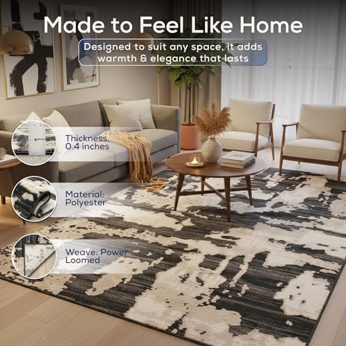 Abani Black and Cream Area Rug | 8' x 10' Tan and Beige Abstract Patt...