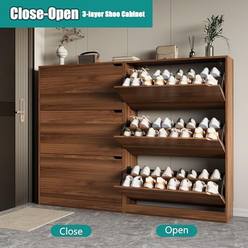 Xixini Shoe Storage Cabinet for Entryway with 3 Flip Drawers, Sturdy Wood Hid...