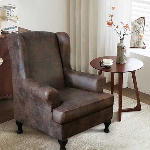ANARACHON Leather Look Wingback Chair Covers, 2-Piece Wing Chair slipcover, S...