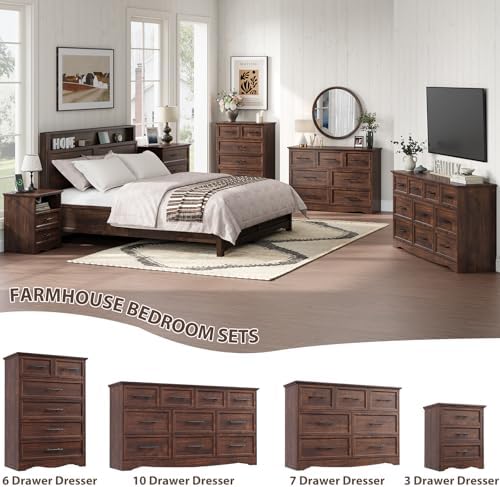 YANSNWO Walnut 6 Drawer Dresser for Bedroom, 44" Tall Chest of Drawers