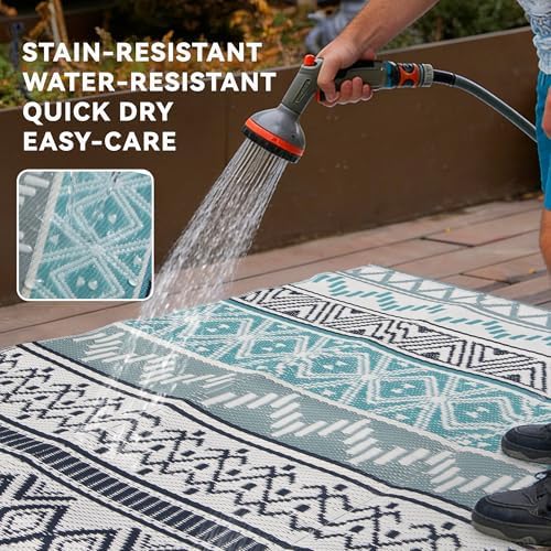 Outdoor Rug 8 x10 ft, Plastic Rug for Patio, Blue & Grey