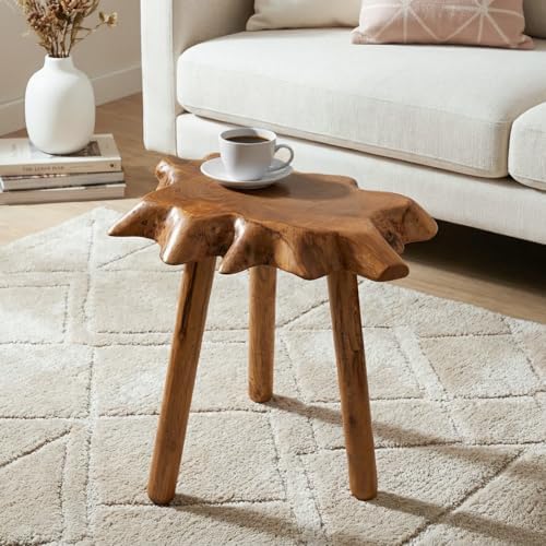 Natural Teak Wood Live Edge Side Table with Wood Legs – Rustic Side Table for...