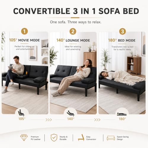 67"Modern Futon Sofa Bed,Convertible 3 in 1 Sleeper Bed Couches with Adj...