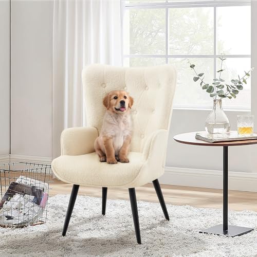 Furnimart Faux Fur White Accent Chair Mid Century Modern Living Room Chairs; ...