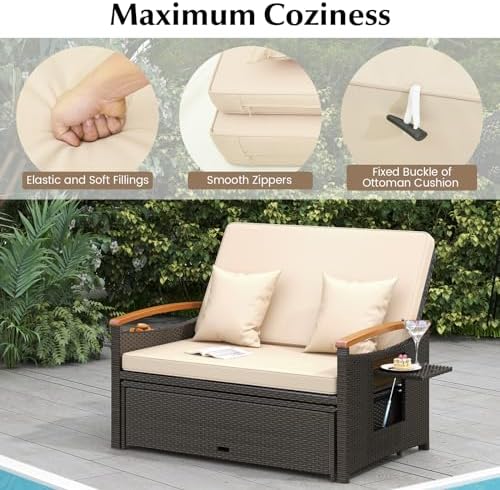 LDAILY Moccha Outdoor Wicker Daybed, Patio Rattan Loveseat Sofa w/ 4-Level Ad...