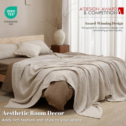 PHF Lightweight 100% Cotton Waffle Blanket for Bed, King, Light Taupe