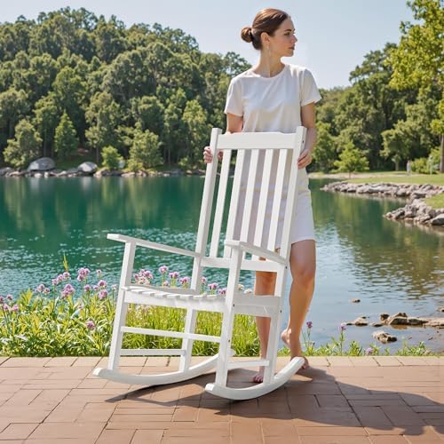 Flamaker Acacia Wooden Rocking Chair Outdoor Rocking Chair (White)