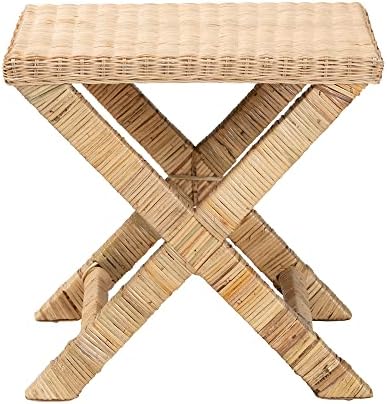 Bali & pari Farica Modern Bohemian Natural Rattan and Mahogany Accent Bench