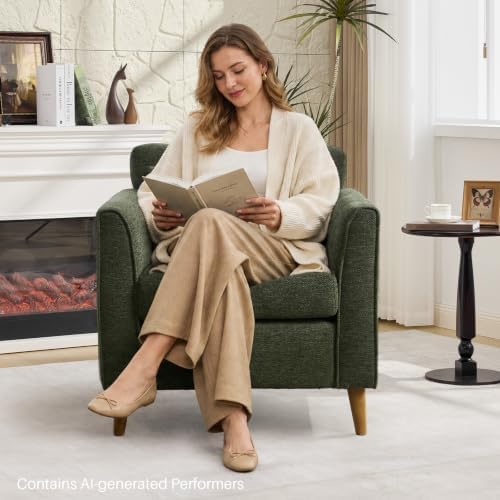 Modern Green Accent Chair with Wooden Legs Plush Fabric Armchair