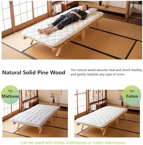 EMOOR Foldable Wood Slatted Floor Bed Frame OSMOS Twin Solid Pine (Earth-Natu...